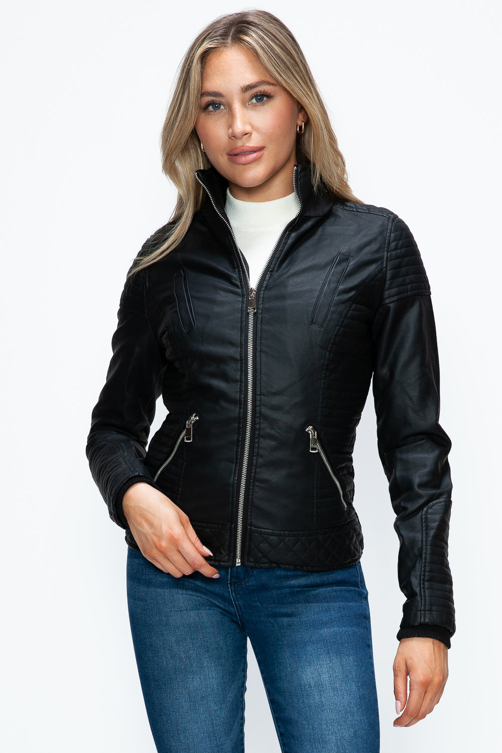 YMI Faux Layered Double-Zipper Jacket with Fuzzy Hood 15651 | Gulf Resellers