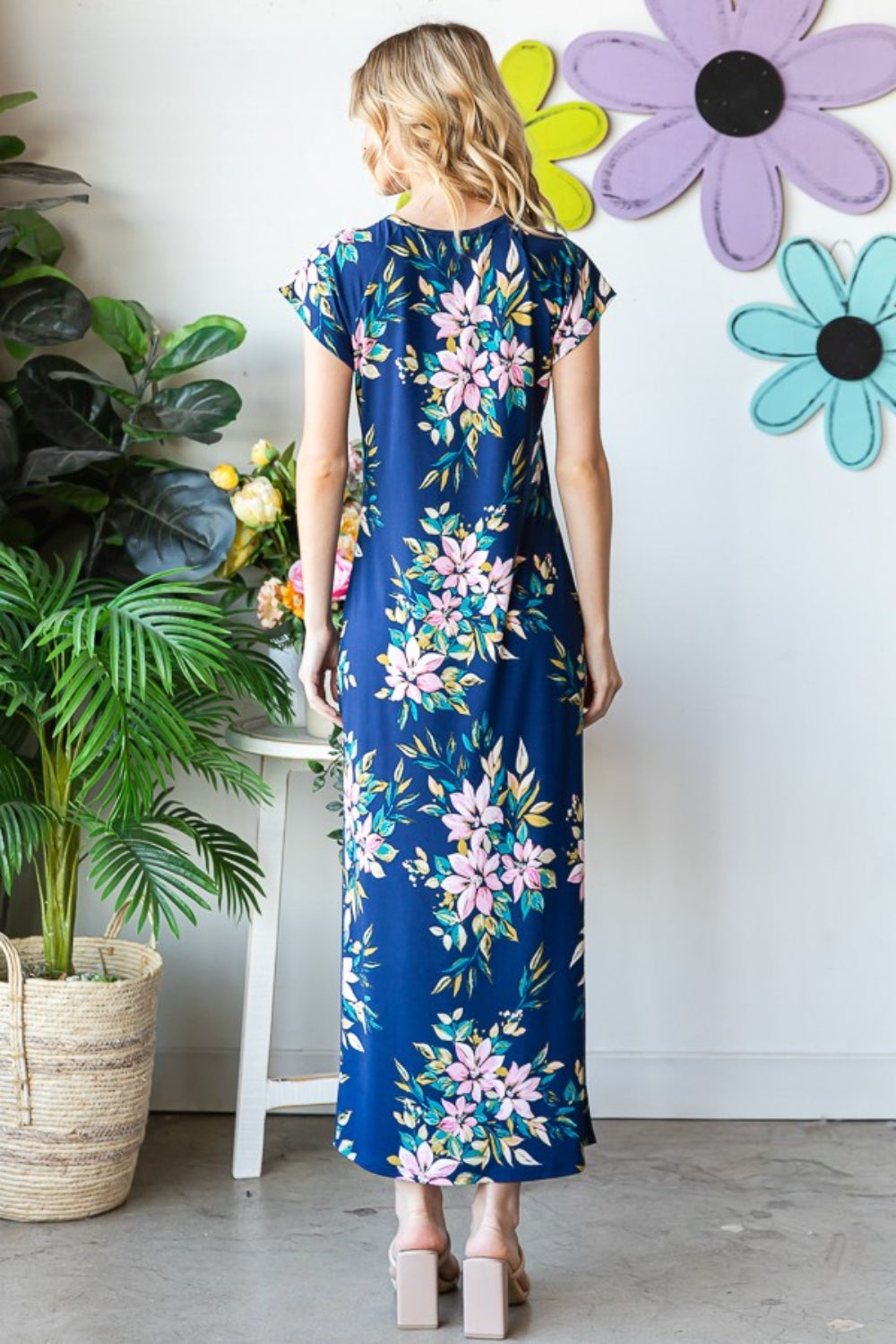 Heimish Full Size Floral Short Sleeve Slit Dress 5162 | Gulf Resellers
