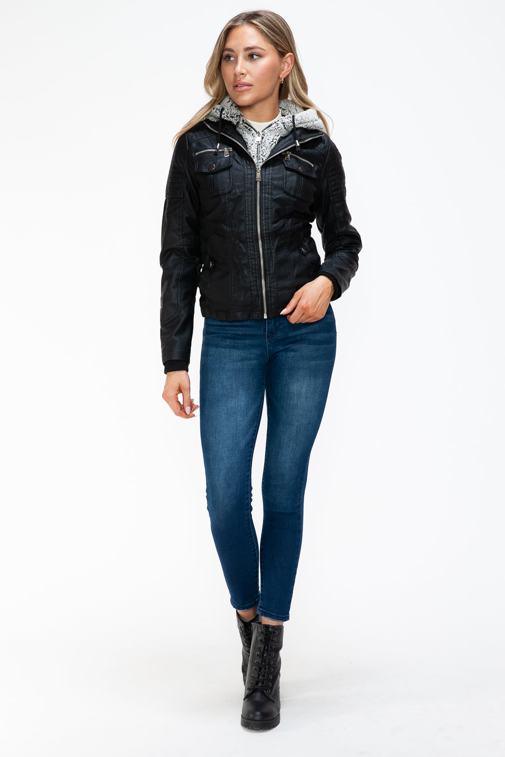 YMI Removable Faux Layered Multi-Pocket Jacket with Fuzzy Hood 15830 | Gulf Resellers