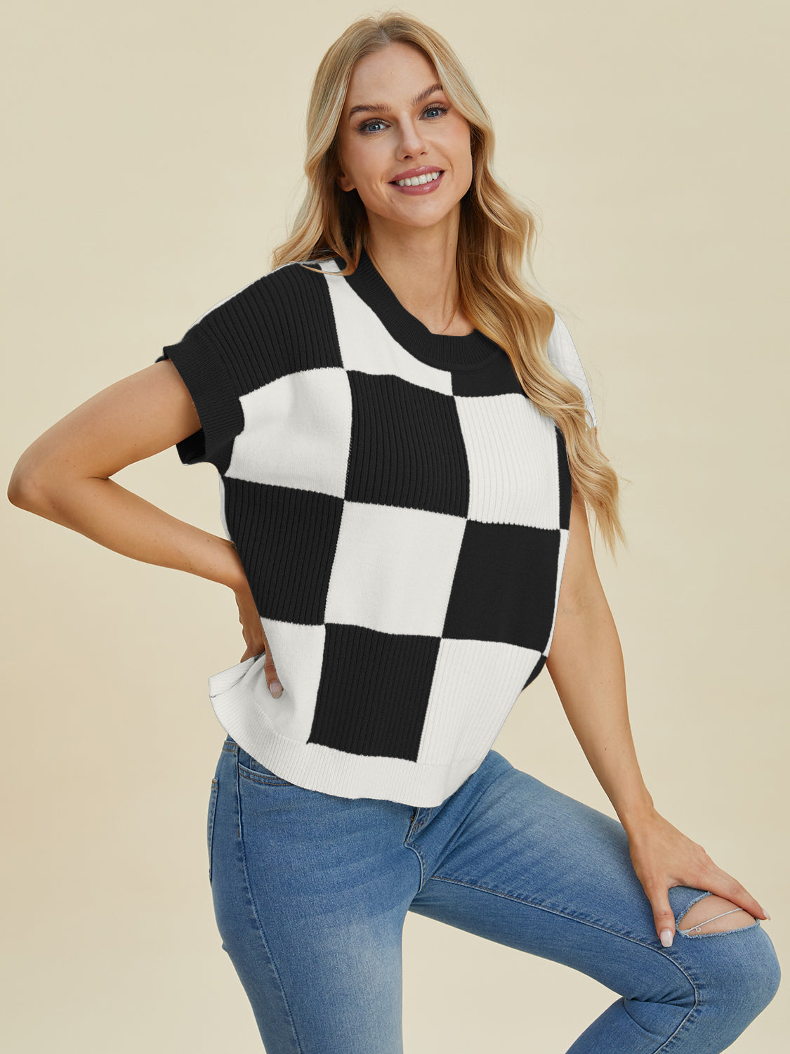 Double Take Full Size Checkered Round Neck Short Sleeve Sweater 8731 | Gulf Resellers