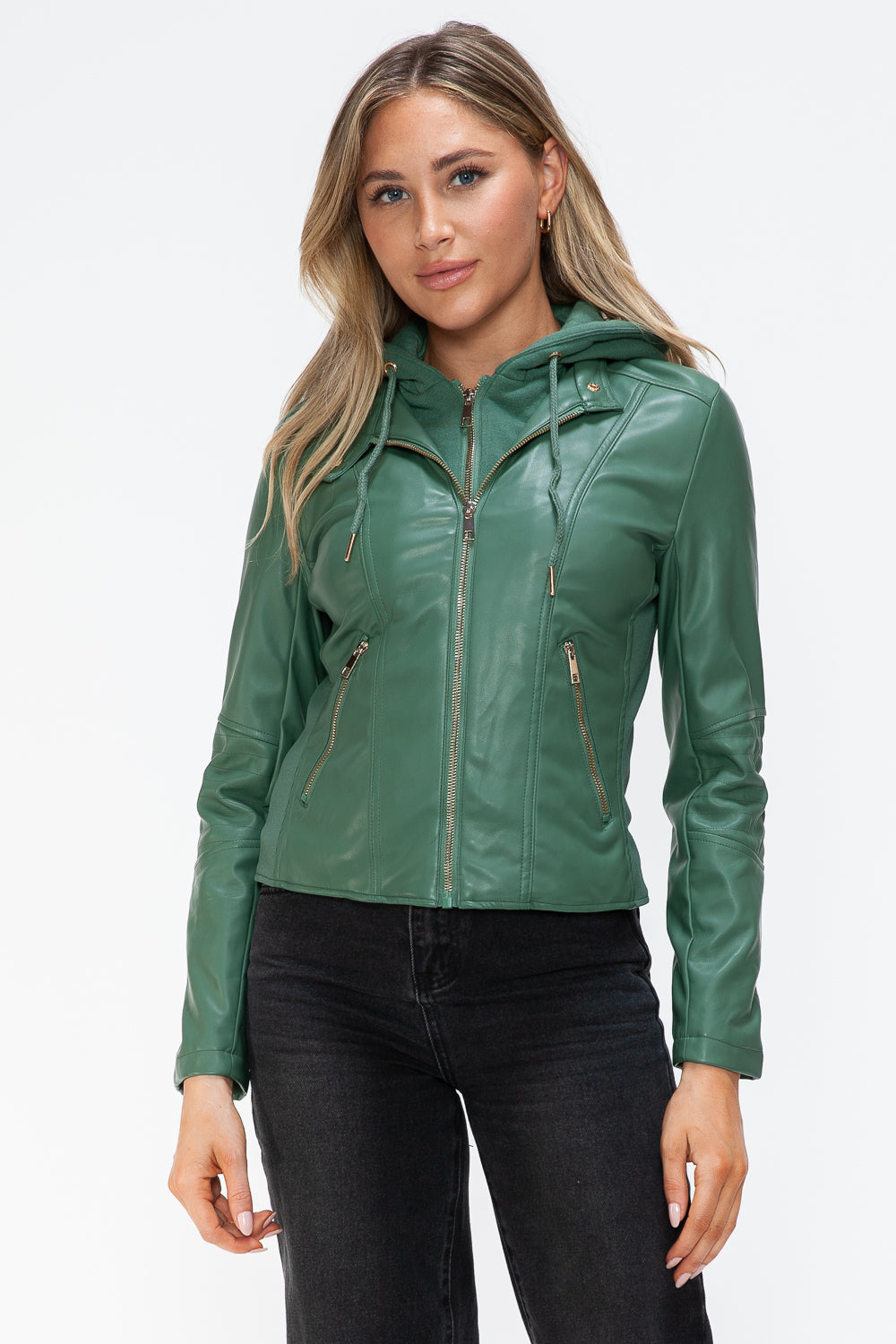 Snobbish Faux Leather Zip Up Drawstring Hooded Jacket 15839 | Gulf Resellers