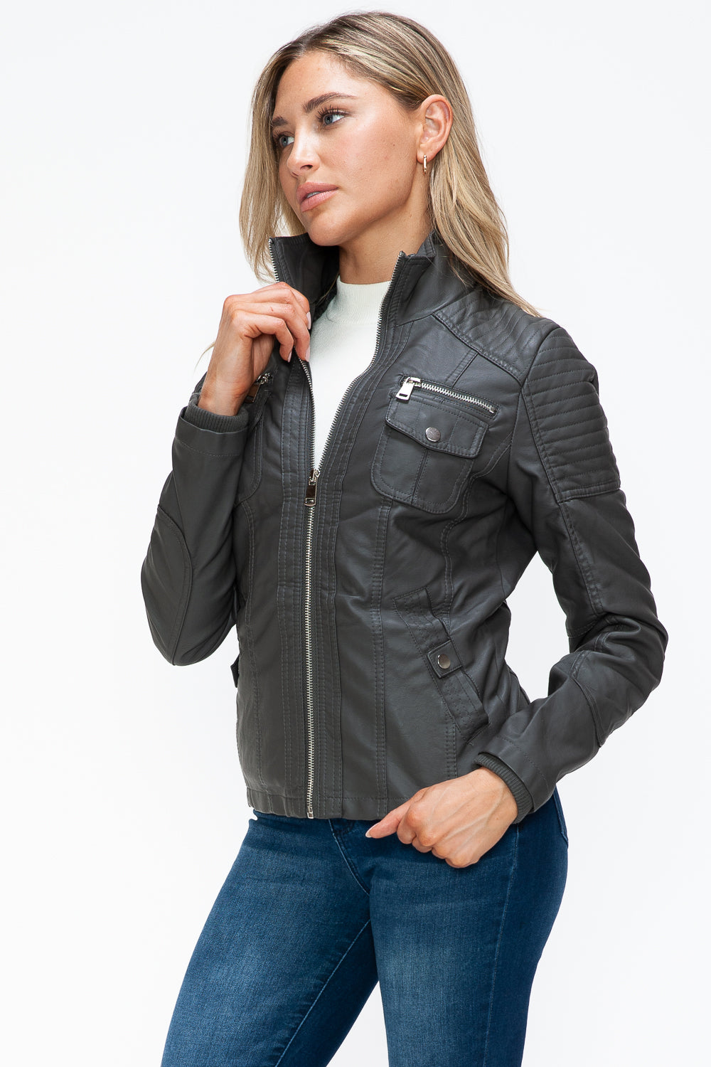 YMI Removable Faux Layered Multi-Pocket Jacket with Fuzzy Hood 15256 | Gulf Resellers