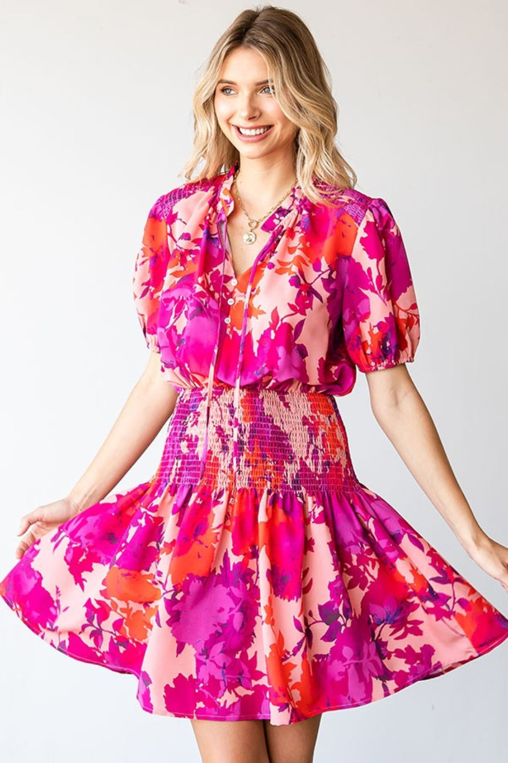 First Love Floral Short Sleeve Smocked Mini Dress 7545 | Gulf Resellers