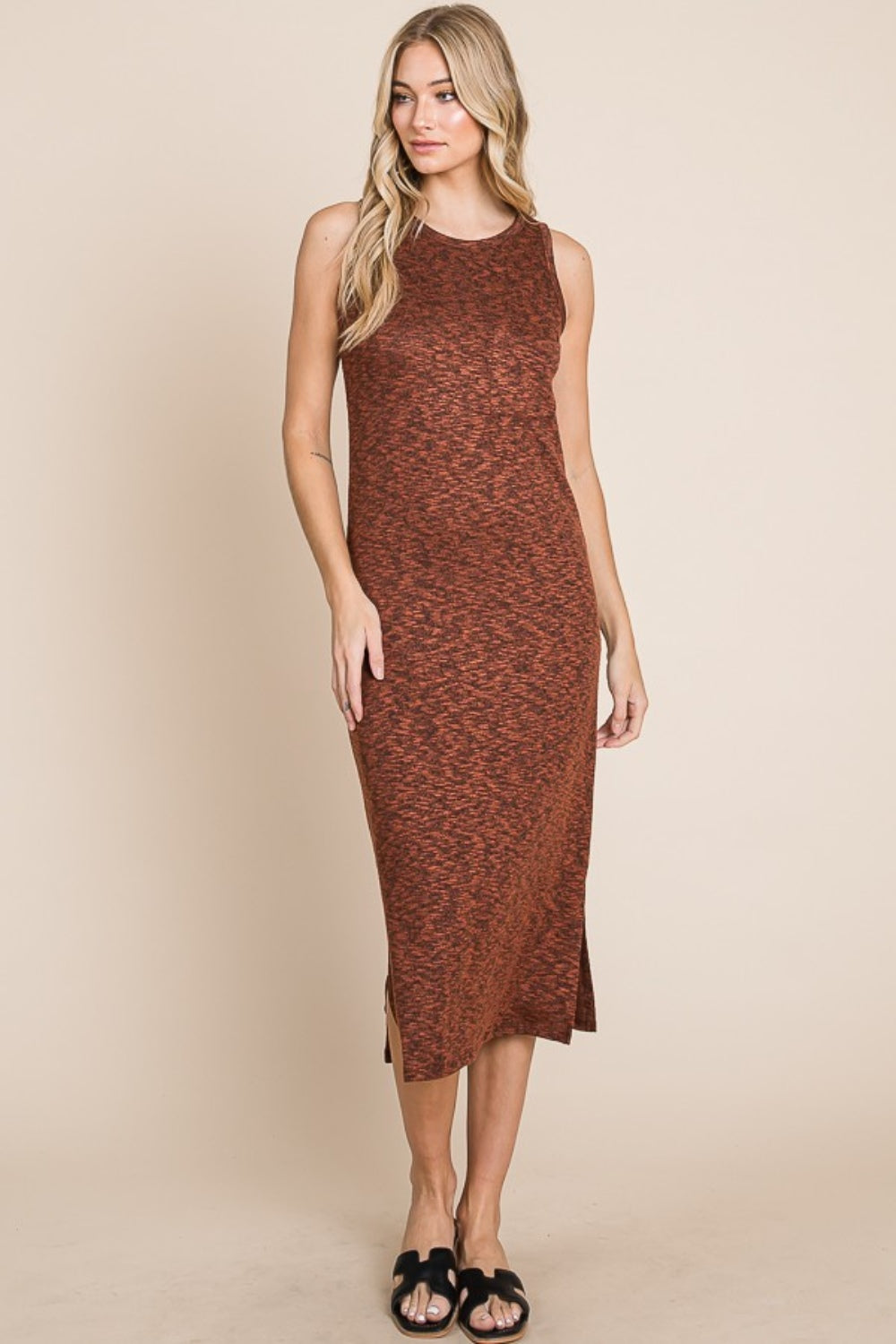 BOMBOM Slit Round Neck Sleeveless Midi Dress 9272 | Gulf Resellers