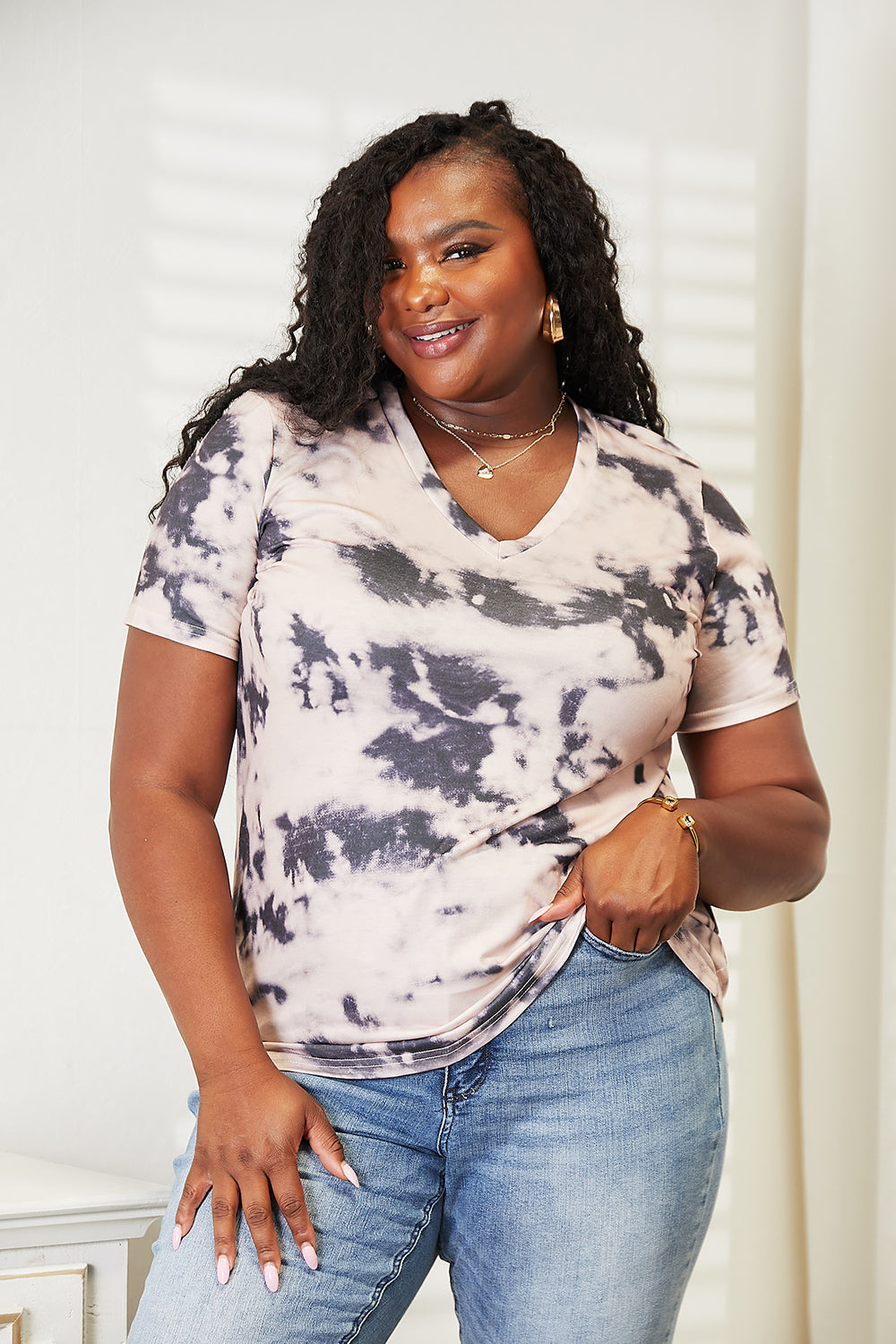 Double Take Tie-Dye V-Neck T-Shirt | Gulf Resellers