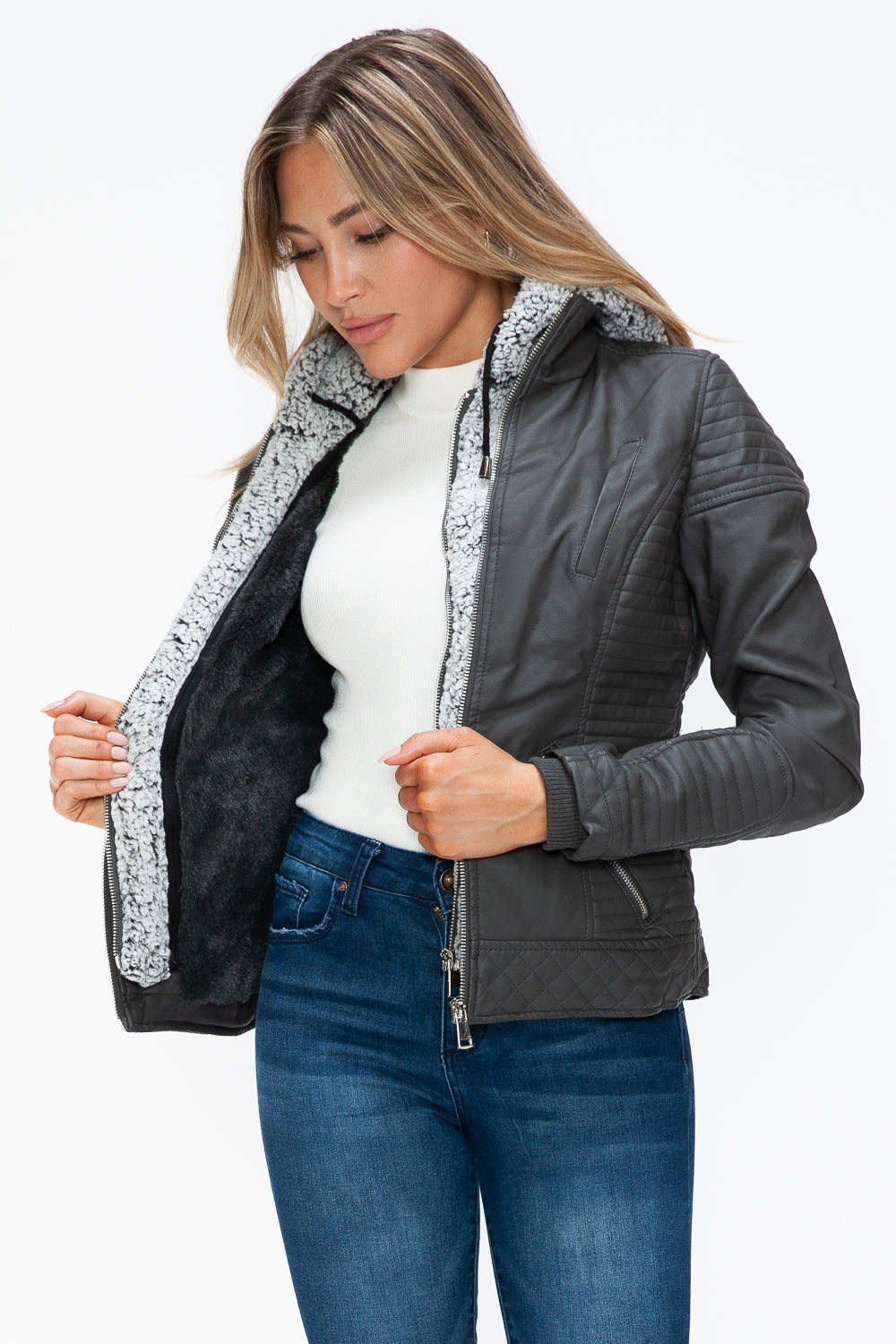 YMI Faux Layered Double-Zipper Jacket with Fuzzy Hood 15379 | Gulf Resellers