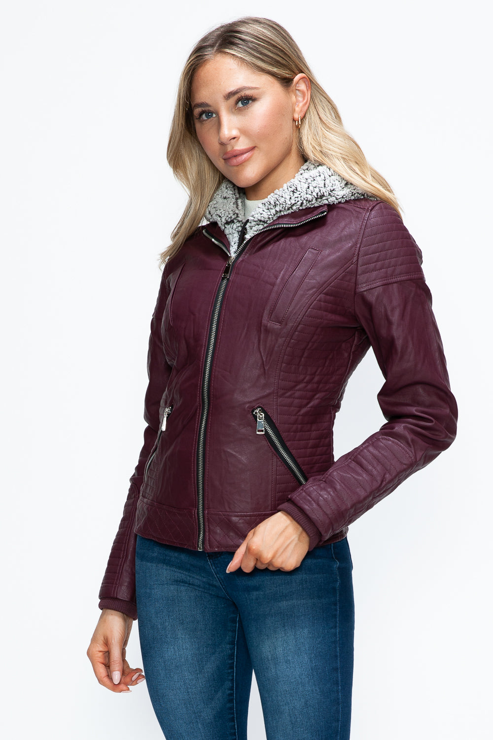 YMI Faux Layered Double-Zipper Jacket with Fuzzy Hood 15727 | Gulf Resellers