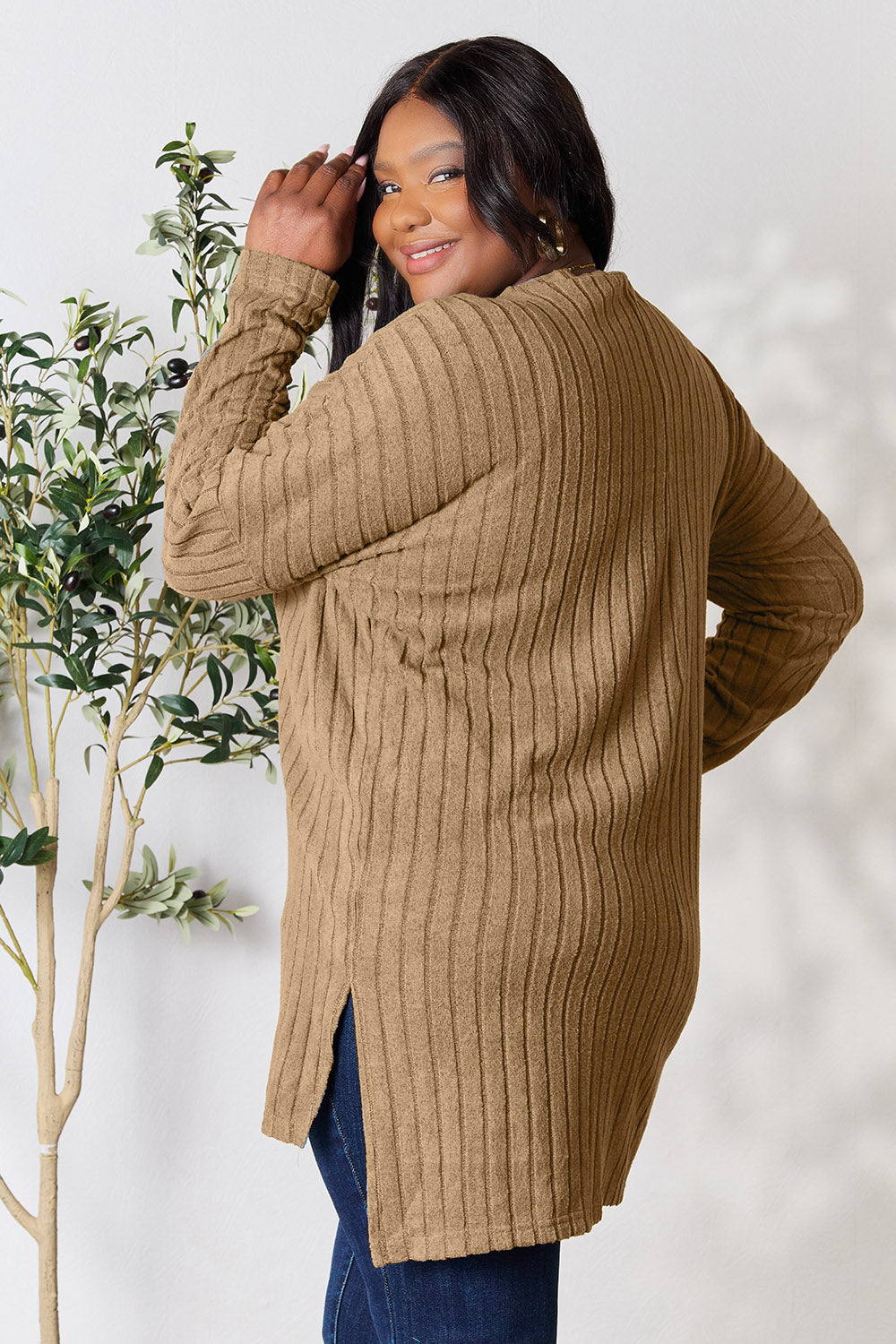 Basic Bae Full Size Ribbed Round Neck Long Sleeve Slit Top | Gulf Resellers