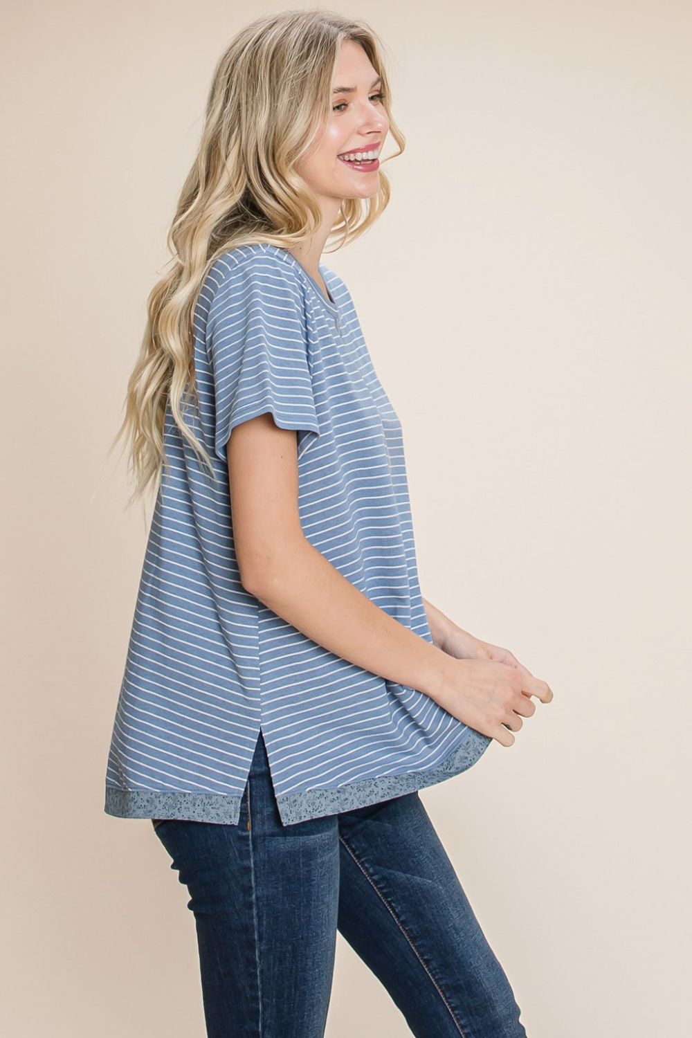 Cotton Bleu by Nu Lab Slit Striped Notched Short Sleeve T-Shirt 7318 | Gulf Resellers