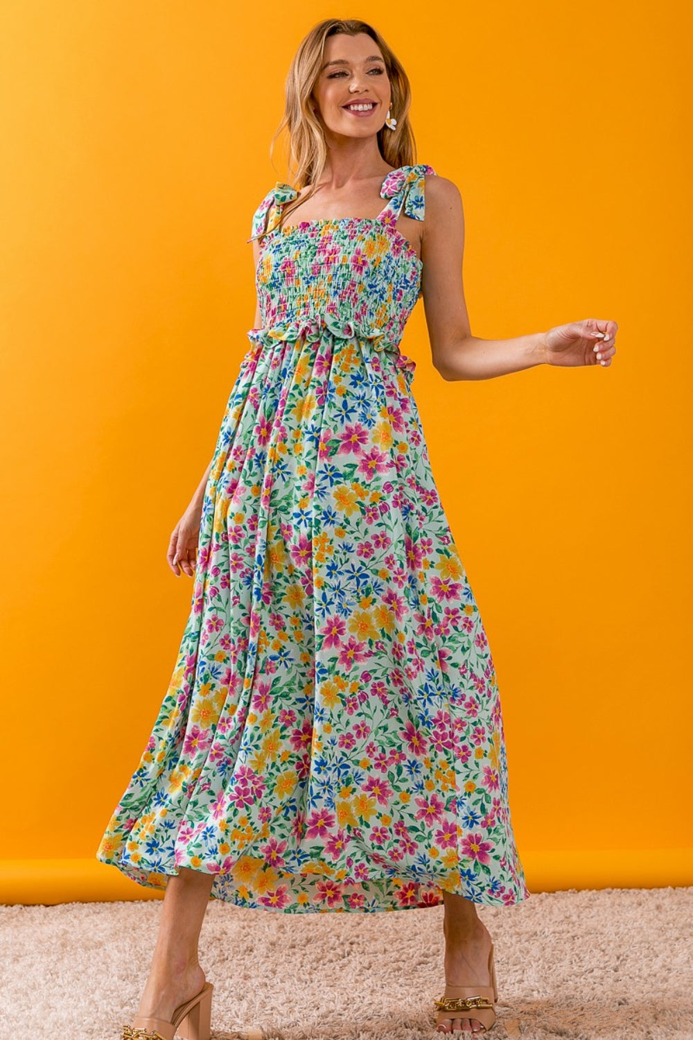 BiBi Floral Ruffle Trim Smocked Cami Dress 5461 | Gulf Resellers