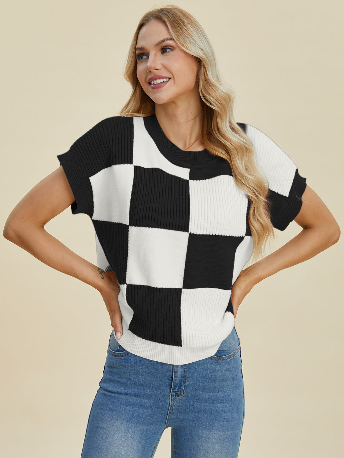 Double Take Full Size Checkered Round Neck Short Sleeve Sweater 8732 | Gulf Resellers