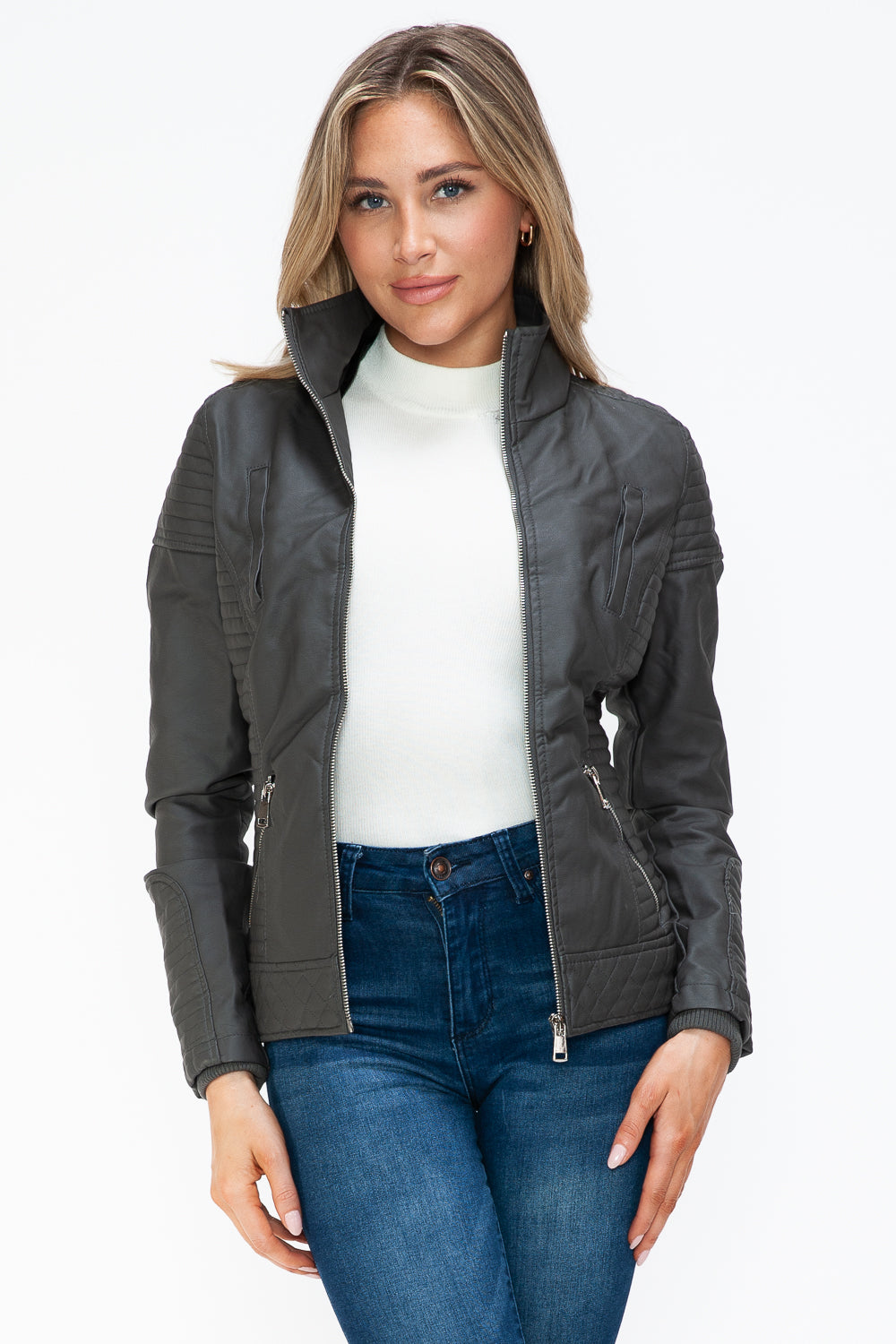 YMI Faux Layered Double-Zipper Jacket with Fuzzy Hood 15395 | Gulf Resellers