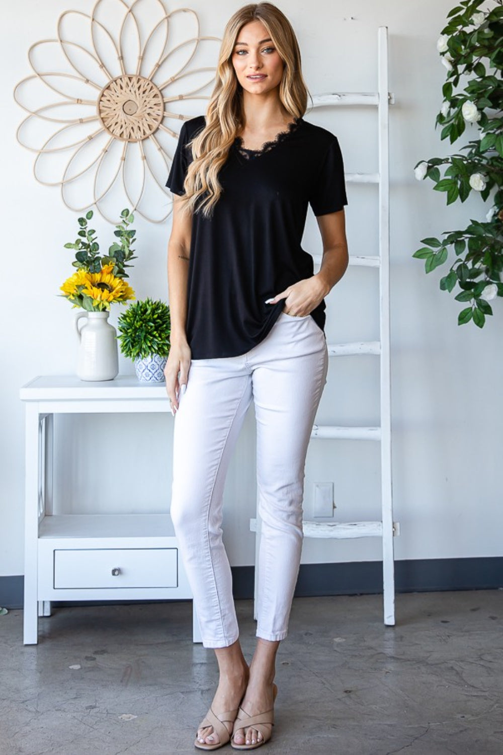 Heimish Lace Detail V-Neck Short Sleeve T-Shirt 7671 | Gulf Resellers