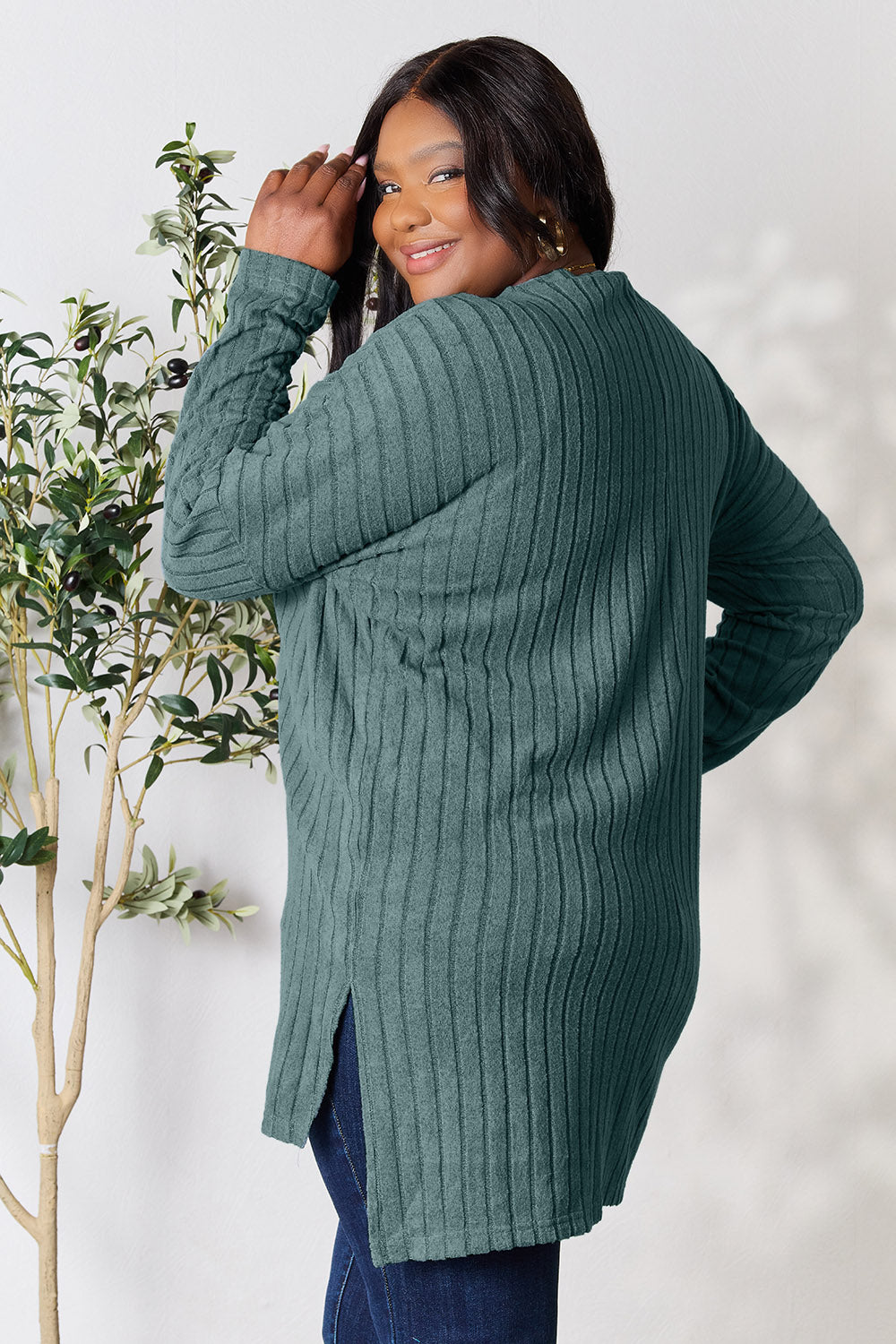 Basic Bae Full Size Ribbed Round Neck Long Sleeve Slit Top | Gulf Resellers