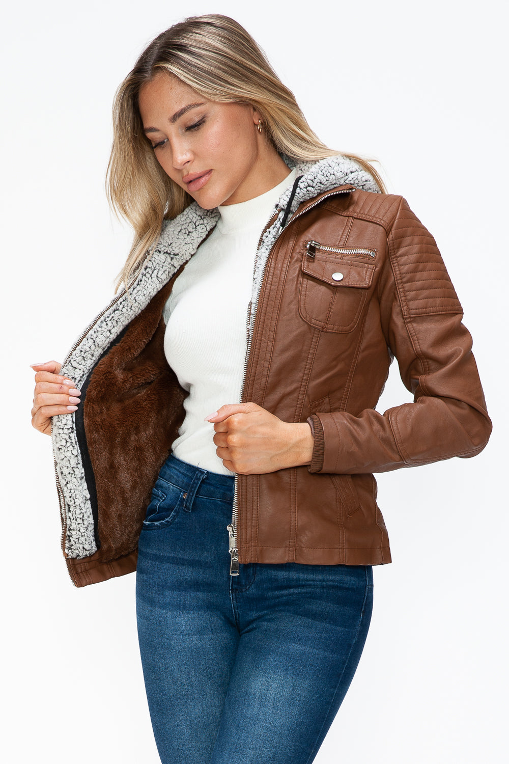 YMI Removable Faux Layered Multi-Pocket Jacket with Fuzzy Hood 15792 | Gulf Resellers