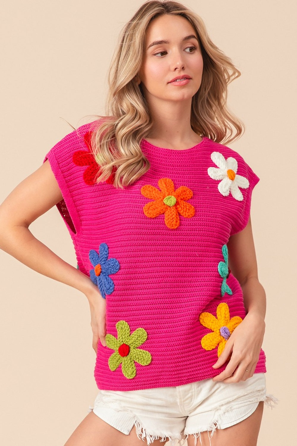BiBi Flower Round Neck Cap Sleeve Knit Top 8340 | Gulf Resellers