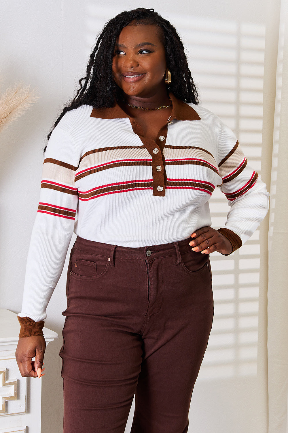 Basic Bae Striped Collared Neck Rib-Knit Top | Gulf Resellers