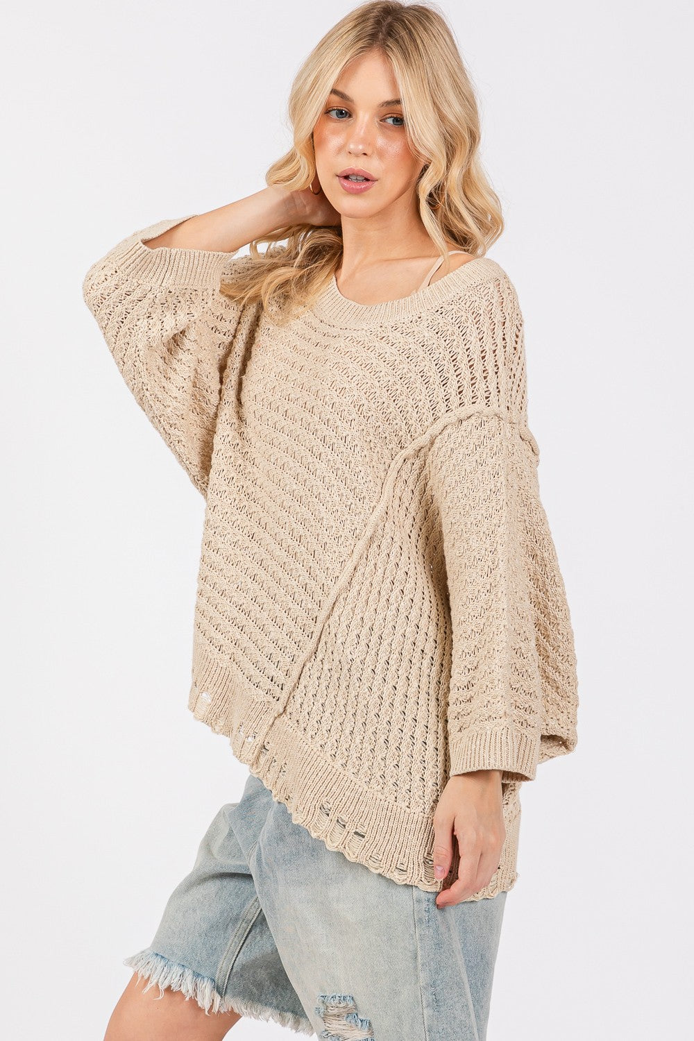 SAGE + FIG Distressed Asymmetrical Open Stitch Sweater 9135 | Gulf Resellers