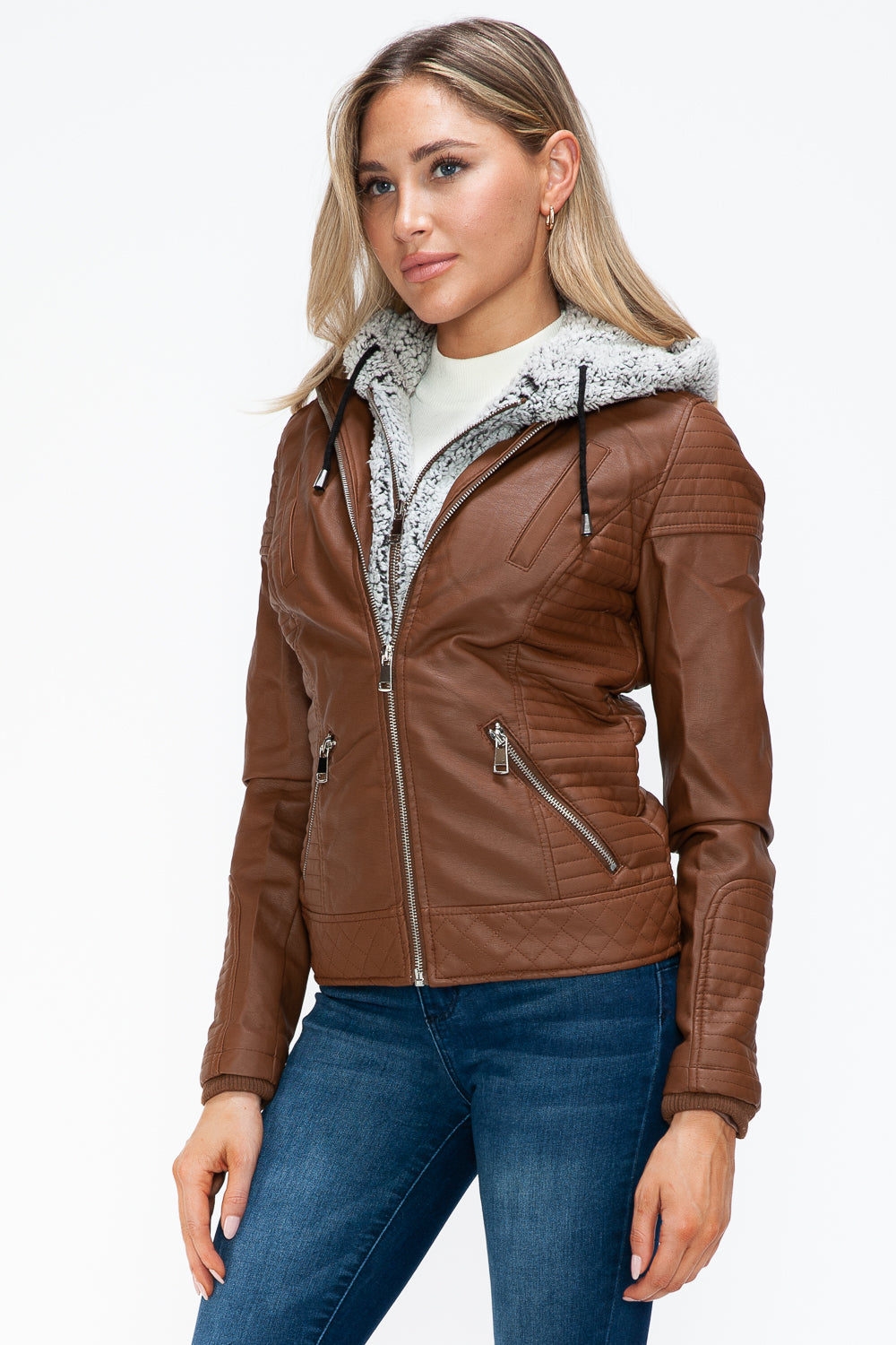 YMI Faux Layered Double-Zipper Jacket with Fuzzy Hood 15594 | Gulf Resellers