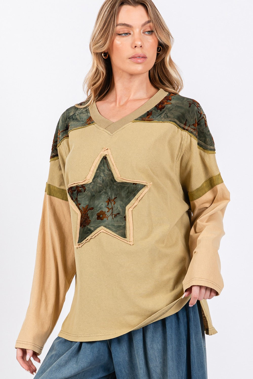 SAGE + FIG Star Patch Long Sleeve Color Block T-Shirt 18379 | Gulf Resellers