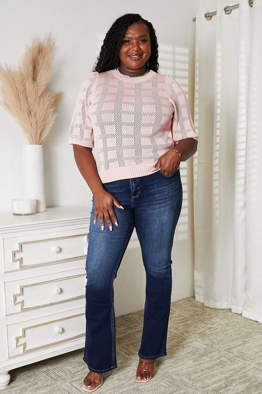 Double Take Ribbed Trim Round Neck Knit Top | Gulf Resellers