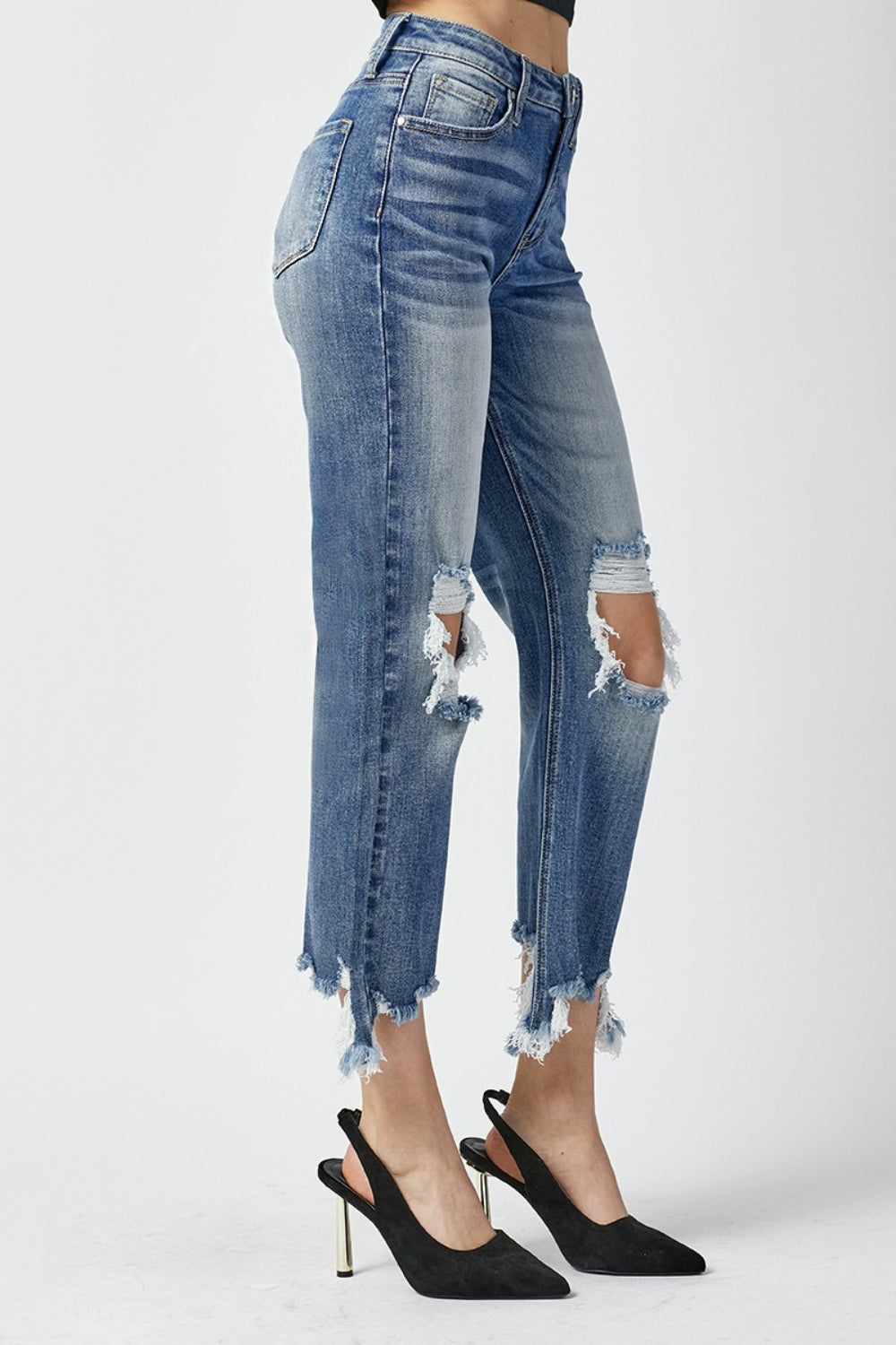 RISEN High Waist Distressed Frayed Hem Cropped Straight Jeans | Gulf Resellers