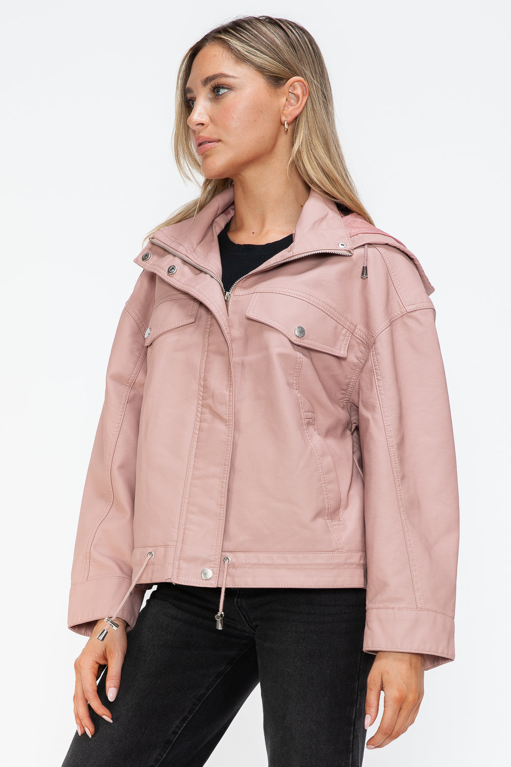 How Dare U Drawstring Hem PU Leather Zip Up Jacket 15548 | Gulf Resellers
