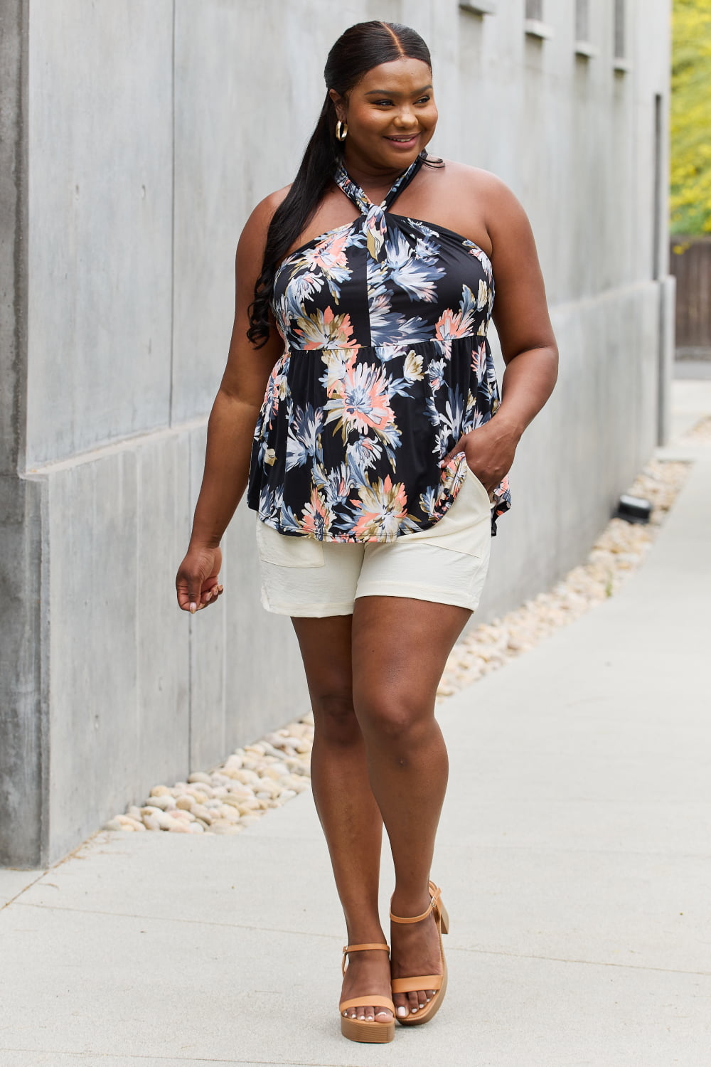 Be Stage Full Size Floral Halter Top in Black 16601 | Gulf Resellers