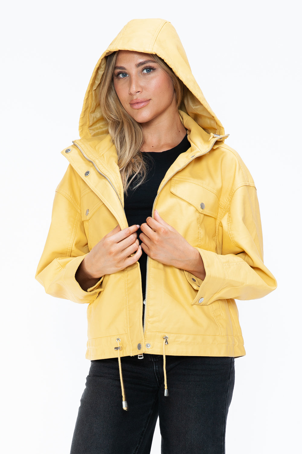 How Dare U Drawstring Hem PU Leather Zip Up Jacket 15670 | Gulf Resellers