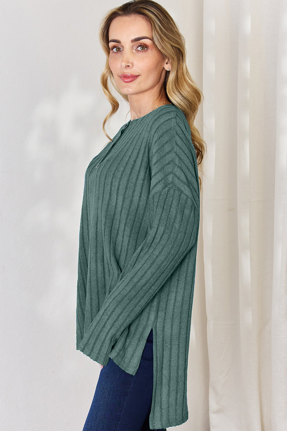 Basic Bae Full Size Ribbed Half Button Long Sleeve High-Low T-Shirt | Gulf Resellers