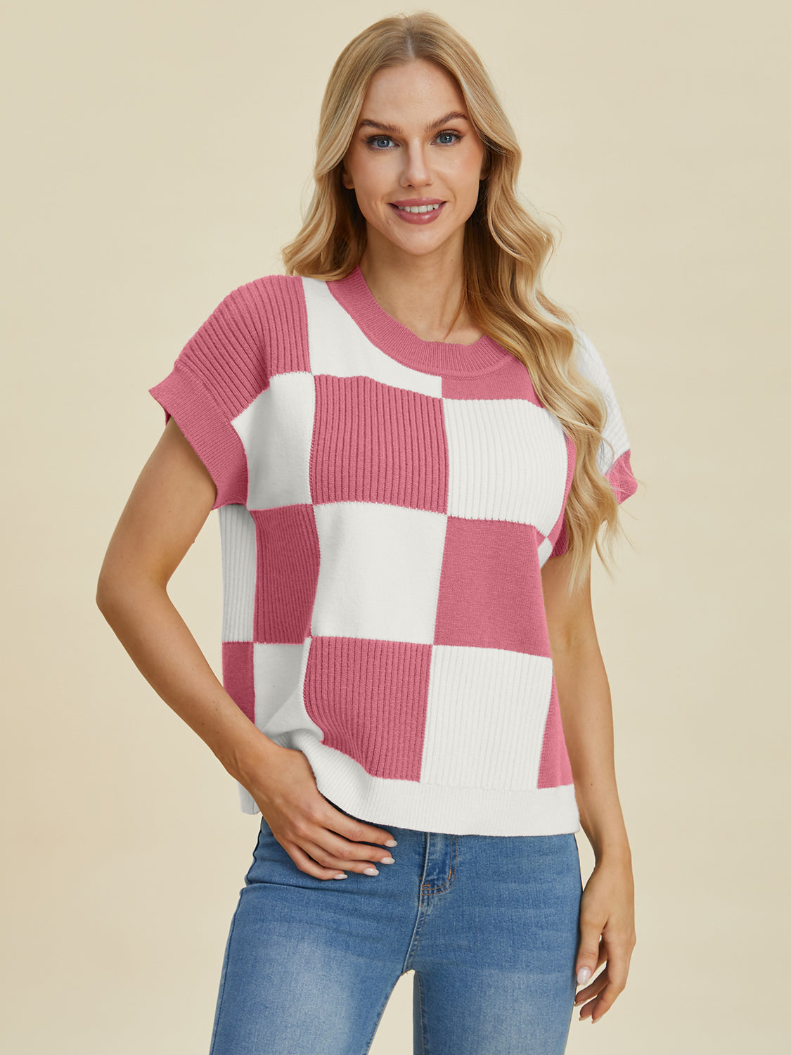 Double Take Full Size Checkered Round Neck Short Sleeve Sweater 8734 | Gulf Resellers