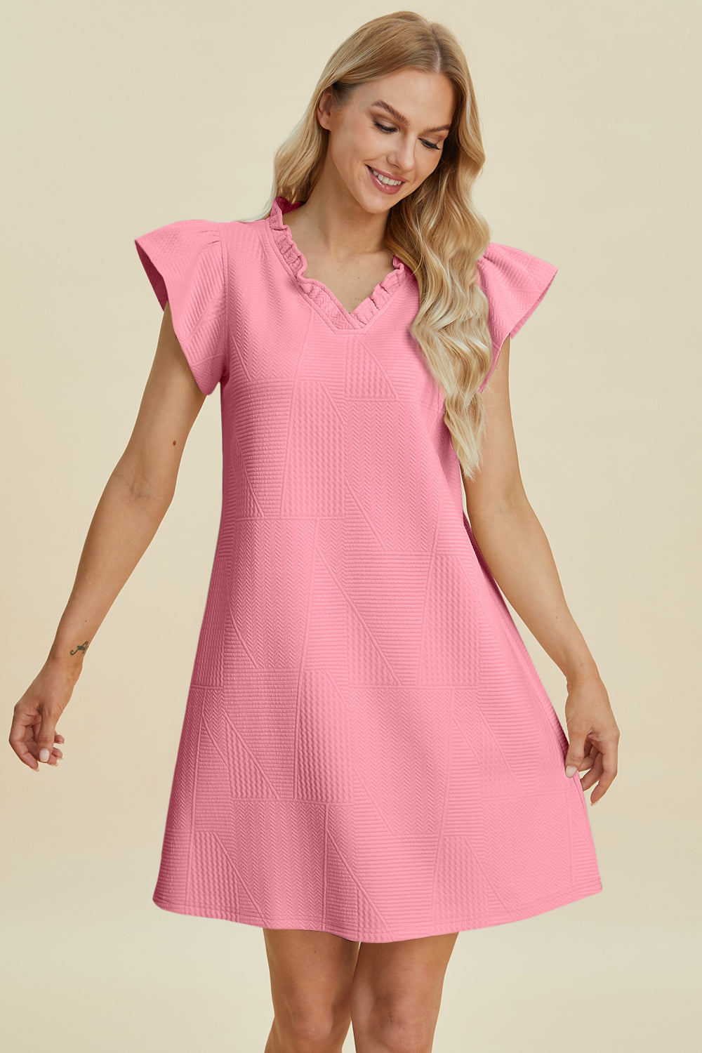 Double Take Full Size Ruffled V-Neck Cap Sleeve Dress 15098 | Gulf Resellers