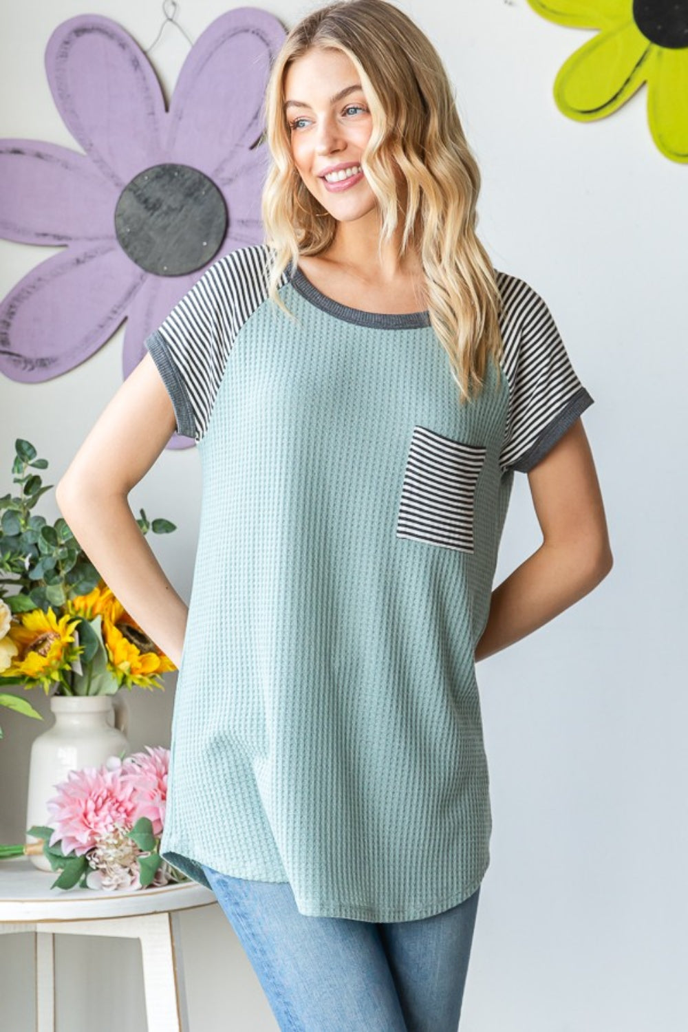 Heimish Full Size Striped Short Sleeve Waffle T-Shirt 7228 | Gulf Resellers