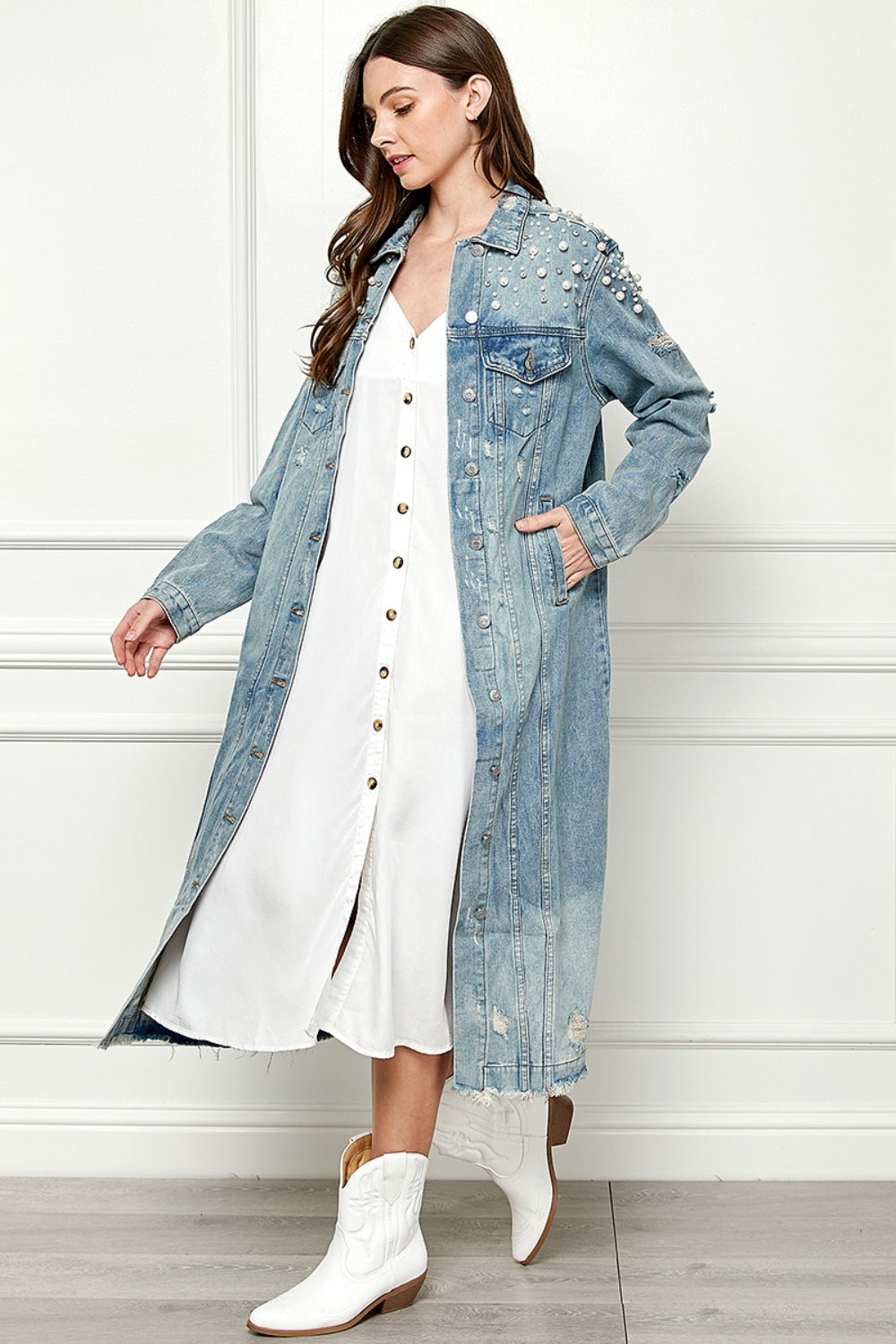 Veveret Full Size Distressed Raw Hem Pearl Detail Button Up Jacket 13474 | Gulf Resellers