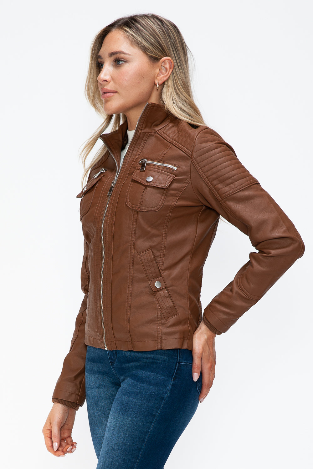 YMI Removable Faux Layered Multi-Pocket Jacket with Fuzzy Hood 15801 | Gulf Resellers