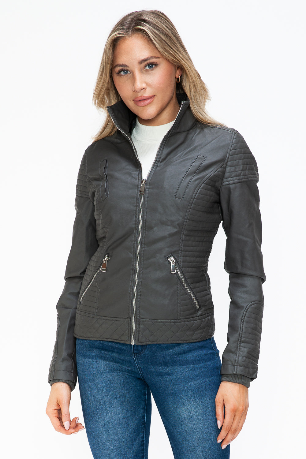 YMI Faux Layered Double-Zipper Jacket with Fuzzy Hood 15387 | Gulf Resellers