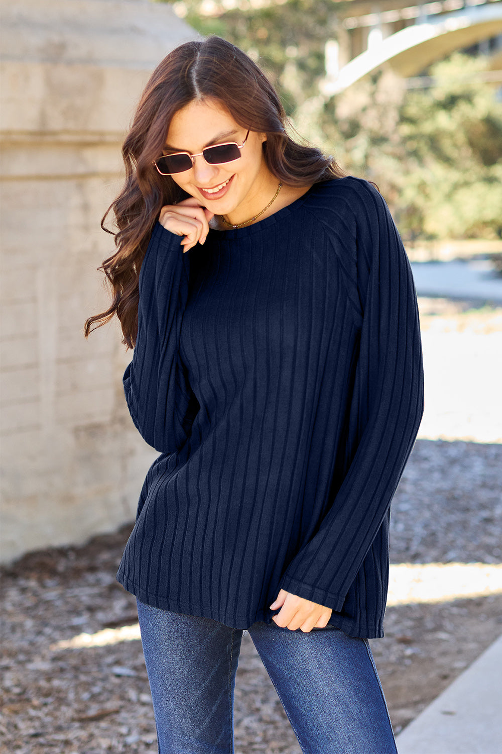Basic Bae Full Size Ribbed Round Neck Long Sleeve Knit Top | Gulf Resellers
