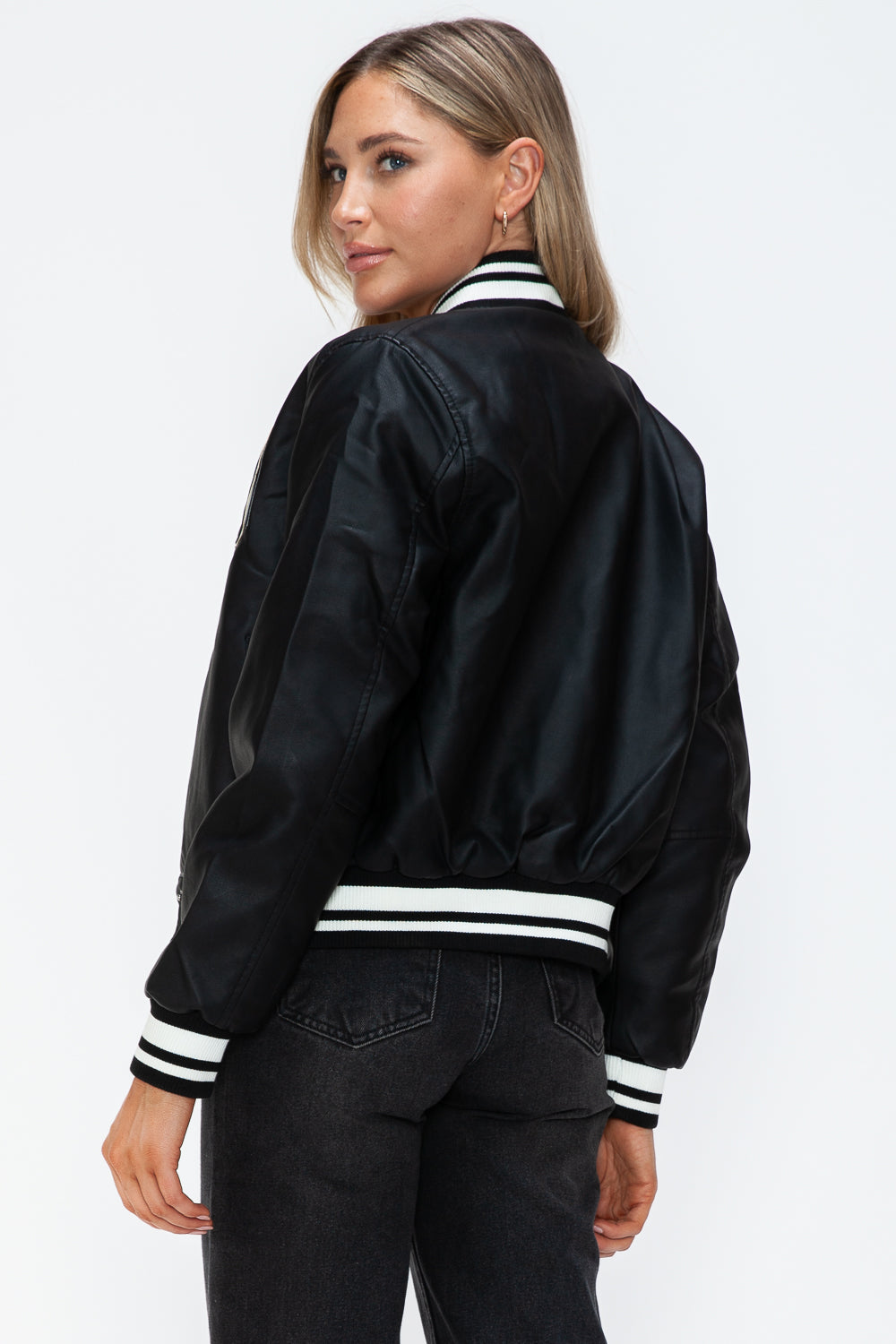 Love Me Now PU Leather Contrast Snap Down Bomber Jacket 15309 | Gulf Resellers