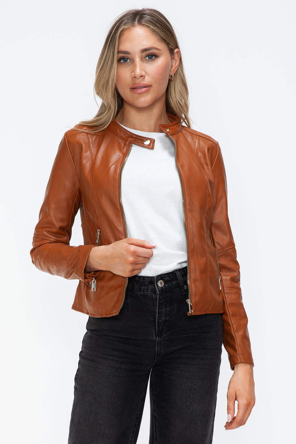 Snobbish Faux Leather Zip Up Drawstring Hooded Jacket 16014 | Gulf Resellers