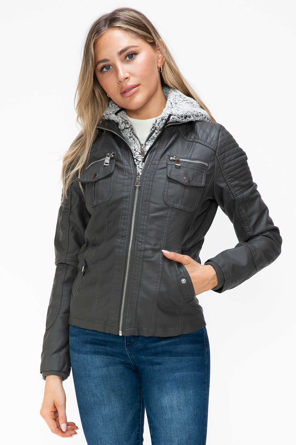 YMI Removable Faux Layered Multi-Pocket Jacket with Fuzzy Hood 15237 | Gulf Resellers