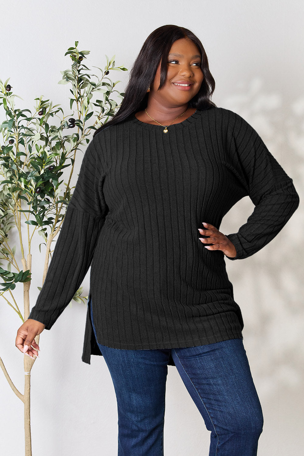 Basic Bae Full Size Ribbed Round Neck Long Sleeve Slit Top | Gulf Resellers