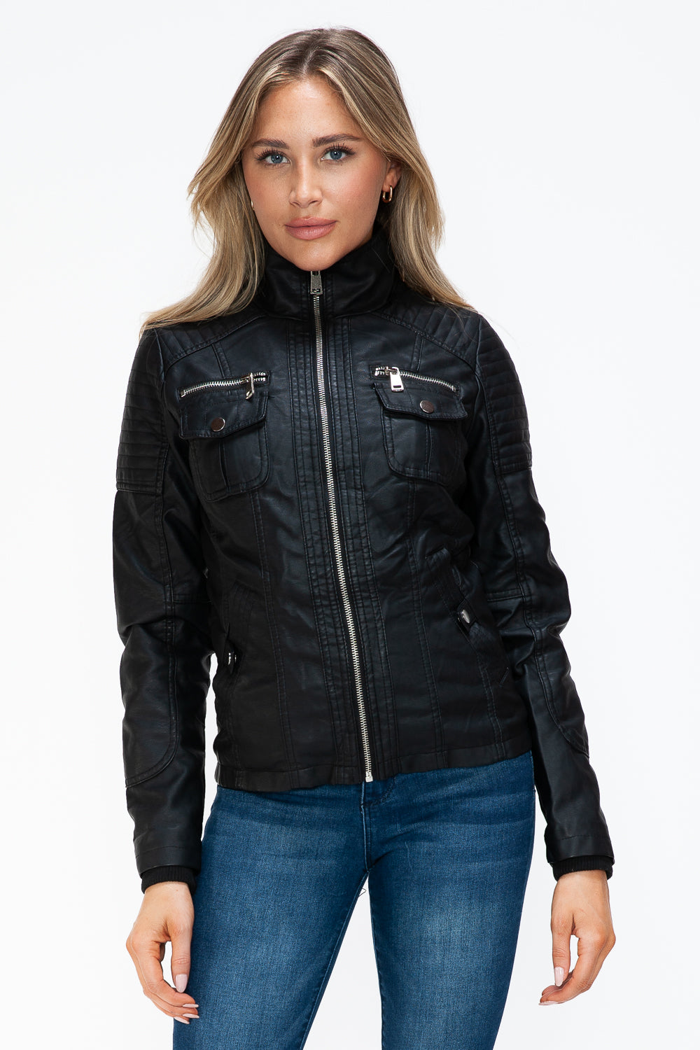 YMI Removable Faux Layered Multi-Pocket Jacket with Fuzzy Hood 15822 | Gulf Resellers