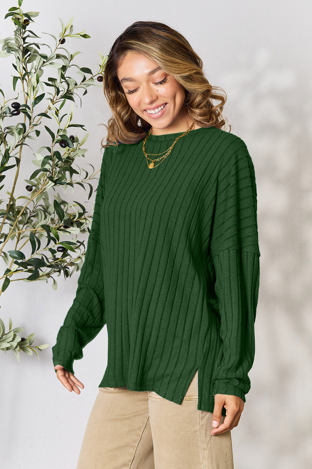 Basic Bae Full Size Ribbed Round Neck Slit Knit Top | Gulf Resellers