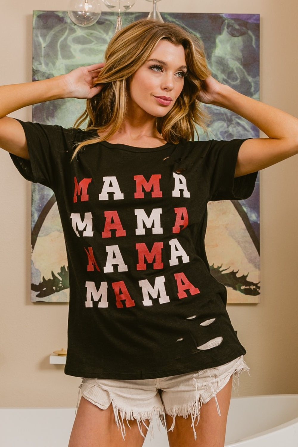 BiBi MAMA Graphic Distressed Short Sleeve T-Shirt 7589 | Gulf Resellers