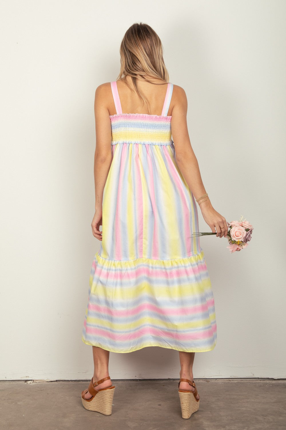 VERY J Striped Woven Smocked Midi Cami Dress 5119 | Gulf Resellers