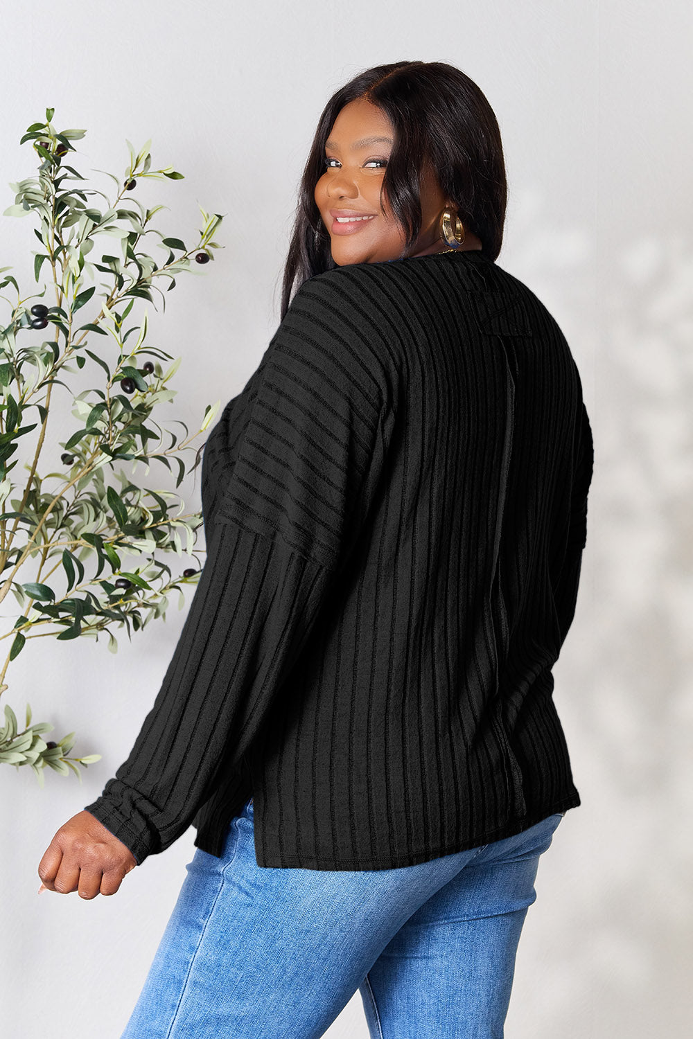 Basic Bae Full Size Ribbed Round Neck Slit Knit Top | Gulf Resellers