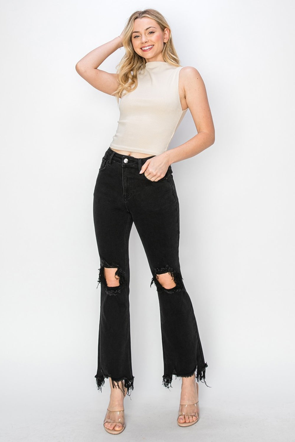 RISEN Full Size Distressed Raw Hem Jeans with Pockets 10570 | Gulf Resellers