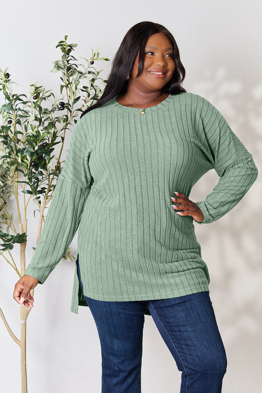 Basic Bae Full Size Ribbed Round Neck Long Sleeve Slit Top | Gulf Resellers