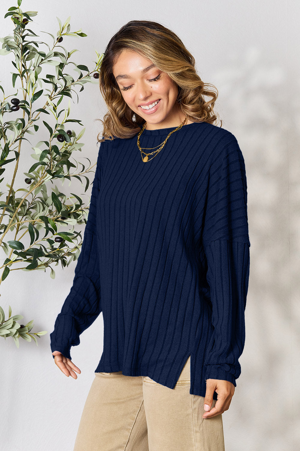 Basic Bae Full Size Ribbed Round Neck Slit Knit Top | Gulf Resellers