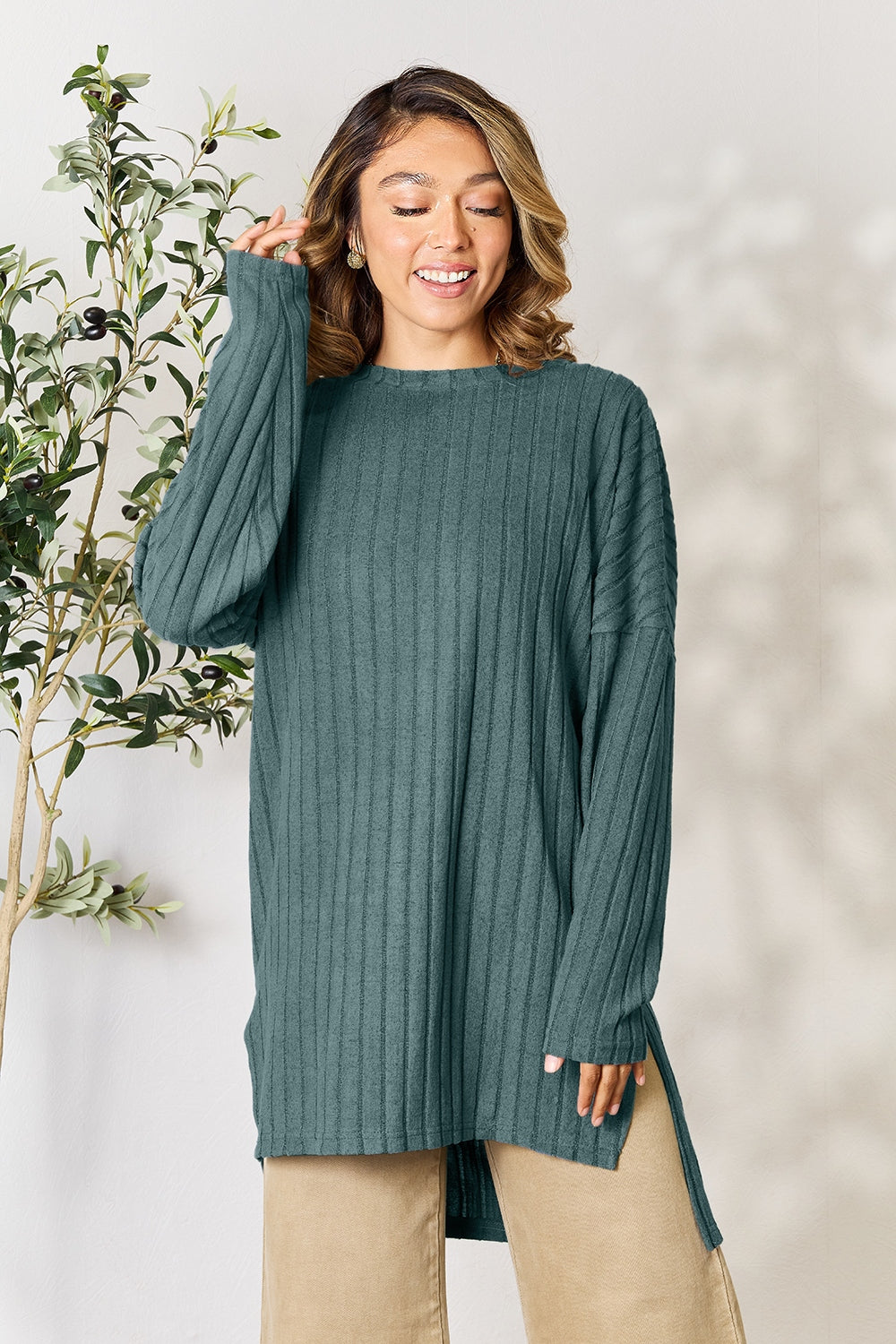 Basic Bae Full Size Ribbed Round Neck Long Sleeve Slit Top | Gulf Resellers